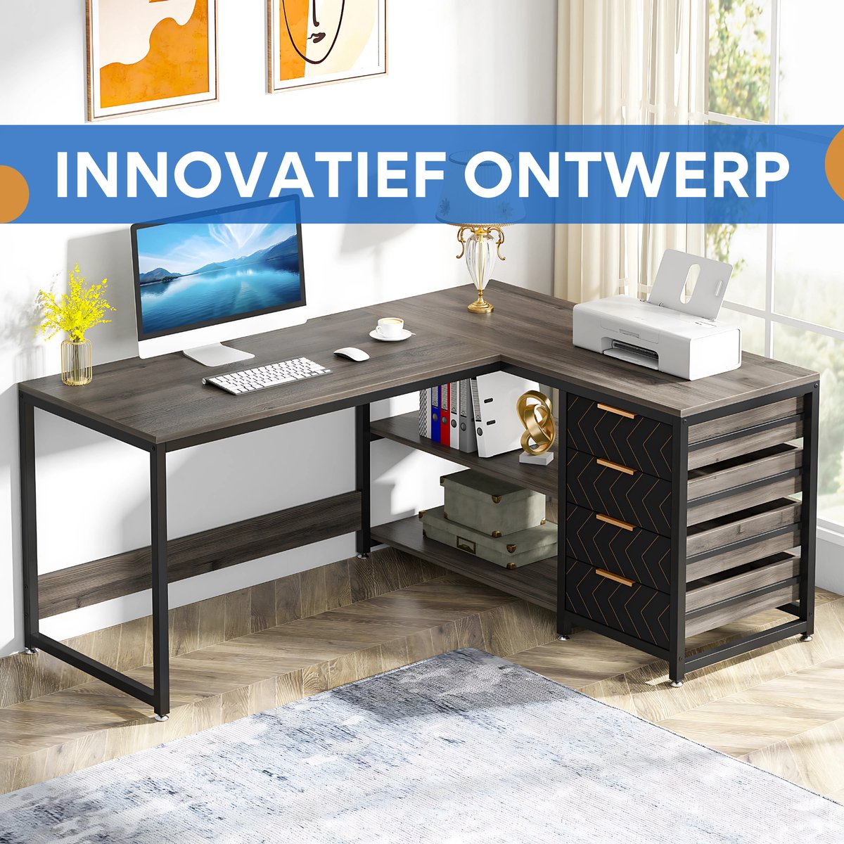 Hoekbureau Dublin - Computerbureau - 150cm - Grijs - Voor thuis of werk - Hout en metaal