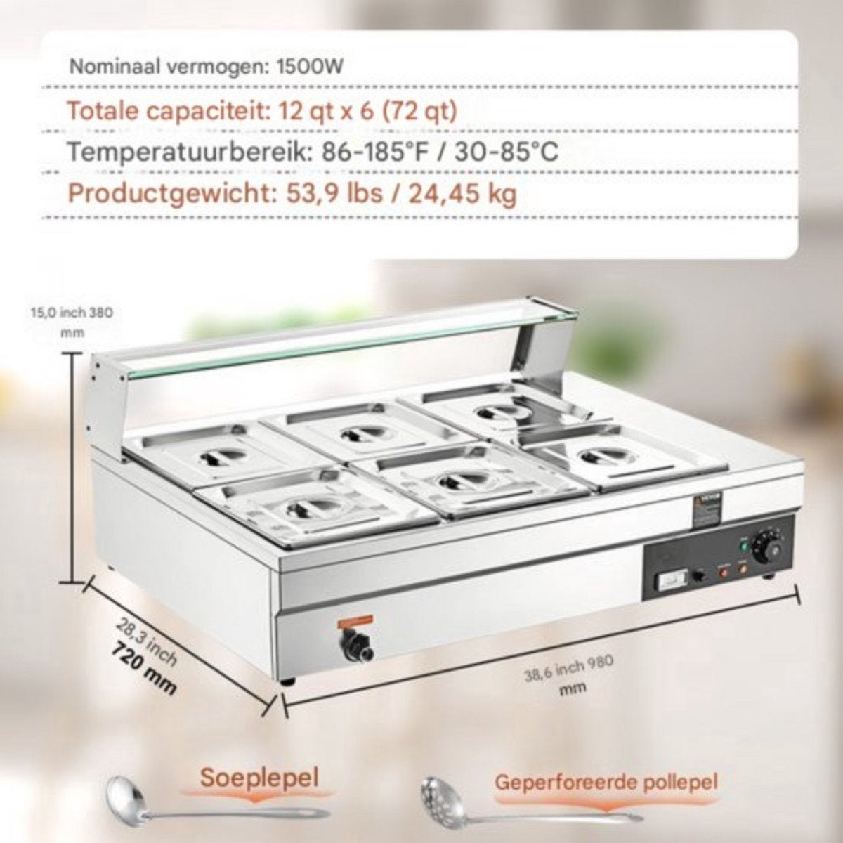 Buffetverwarmer - chafing dish- warmhoudschalen- elektrisch RVS Voedselverwarmer - 1500W - 6x13,2L Buffetbakken - Incl. Deksels & Aftapkraan