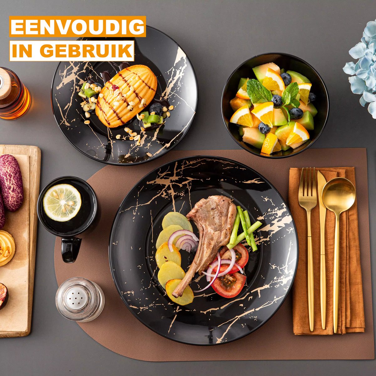 Ornate Ontbijtborden – 4 persoons – 16 delig – Wit Keramisch – Serviesset – Ontbijtborden