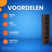 6-Lagen Hoek boekenkast - Boekenplank - Wandplank - Boekenrek - 30x30x180 cm - Voor Thuiskantoor en Kleine Ruimtes - Chocolade