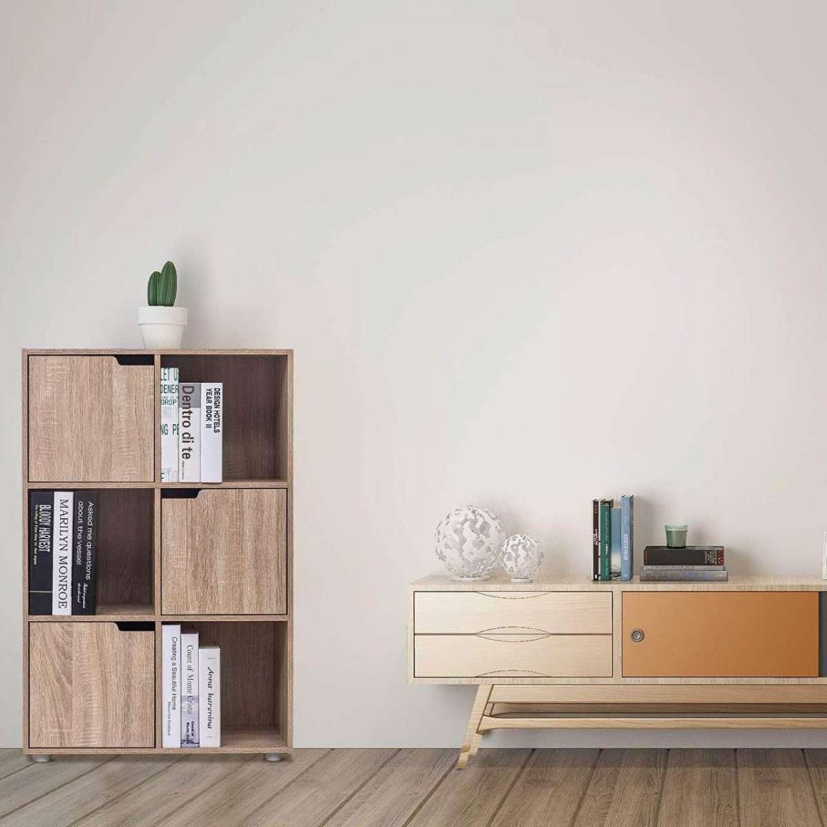 Happyment Boekenkast Jita - Industrieel - 6 Vakken - Oak - 3 Deuren - Boekenrek - Woonkamer, slaapkamer en kinderkamer - Hout
