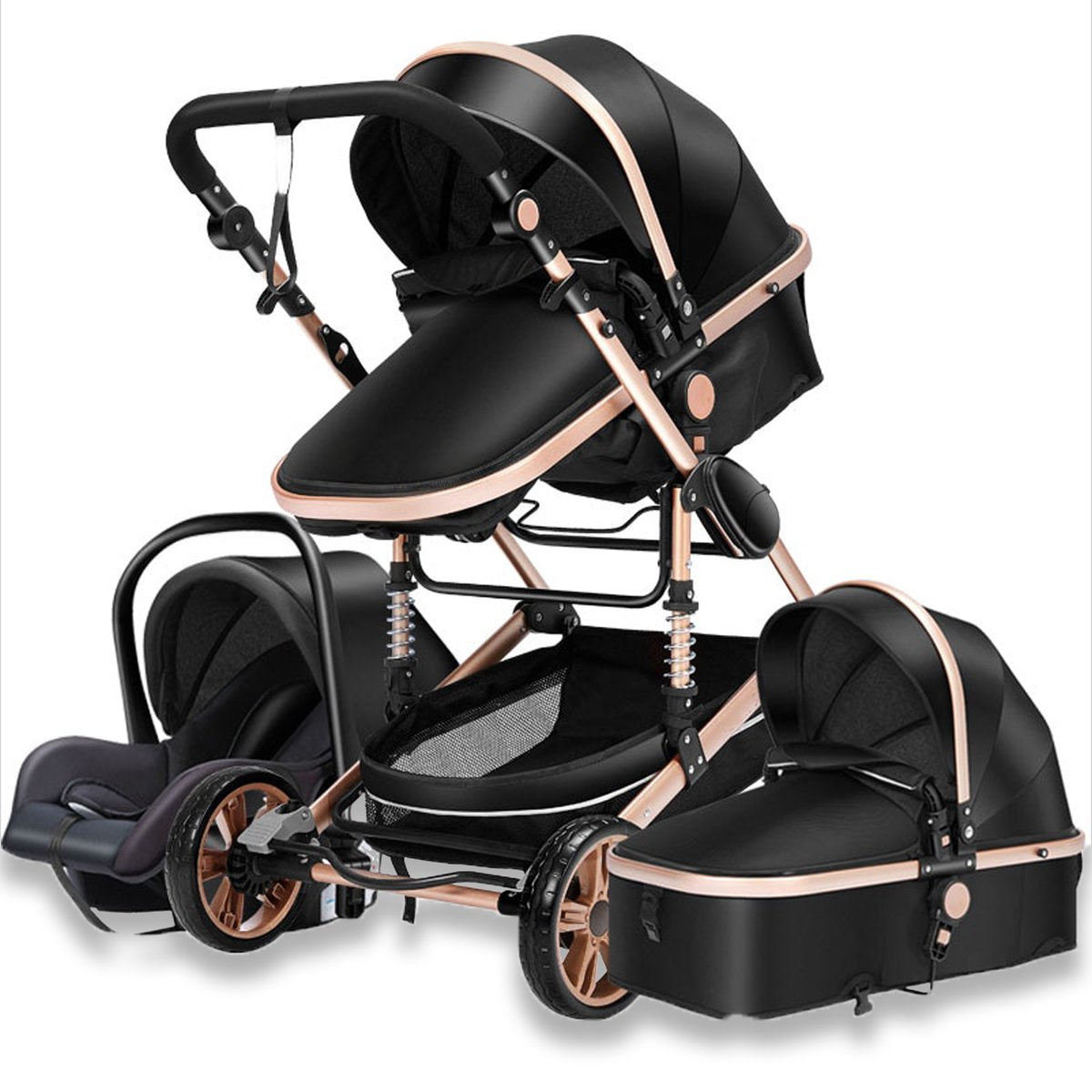 Happyment® kinderwagen 3 in 1 - Met stoel & wieg - Wandelwagen - Zwart