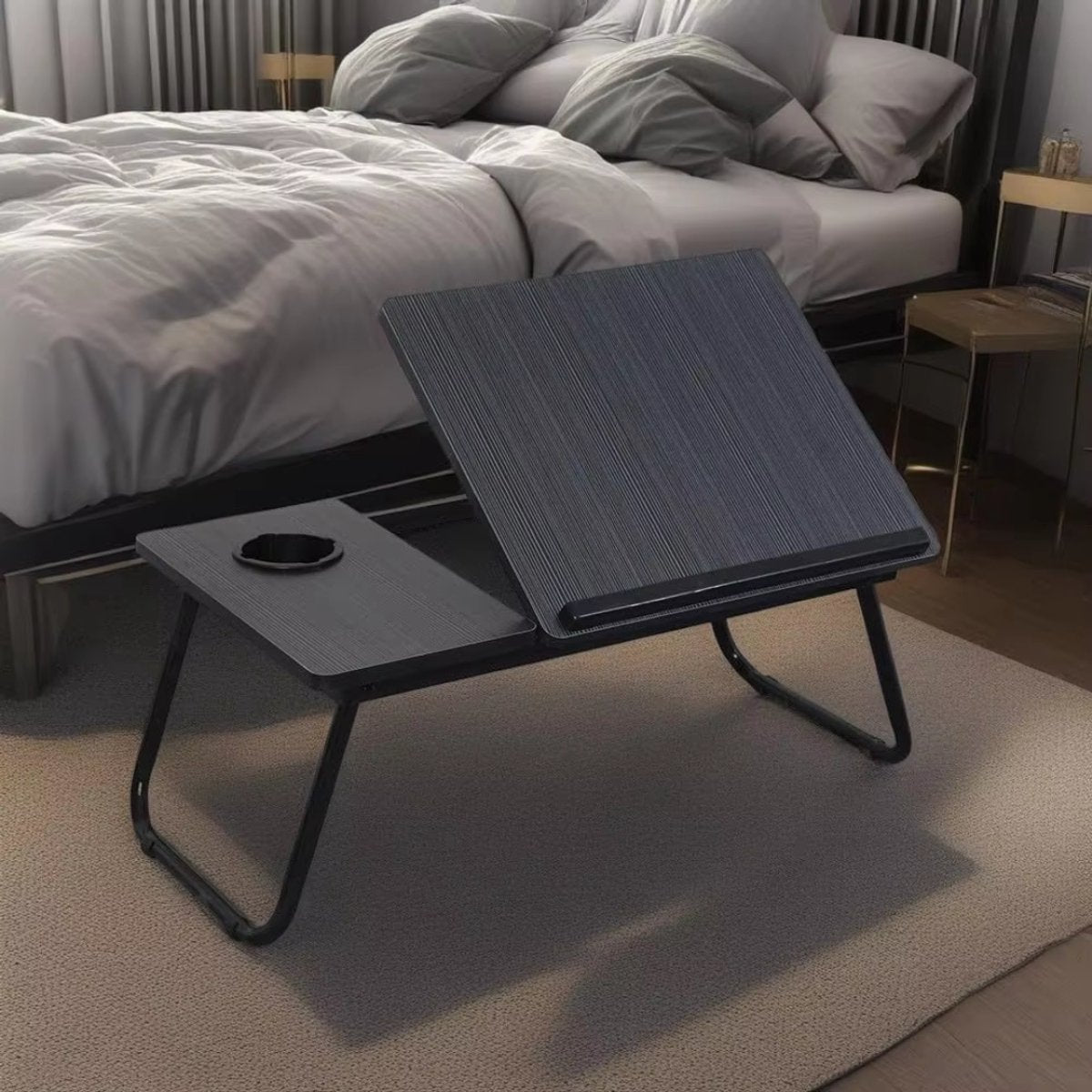 Laptoptafel – Tablethouder - Bedtafel – Voor bed, kantoor of studie – In hoogte verstelbaar met bekerhouder – Zwart