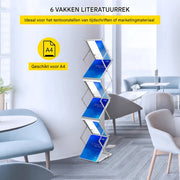 Opvouwbare Tijdschriftenrek - Zilver Aluminium - Tijdschriftenhouder - Lectuurbak - 26x36x152cm - 6 Vakken - Met Draagtas - Dubbelzijdig