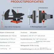 Bankschroef Universeel- Met tafelklem- Draaibaar- Werkbank Klem - 240° Draaibaar Aambeeld - 1,5-4,5 cm Spanbereik