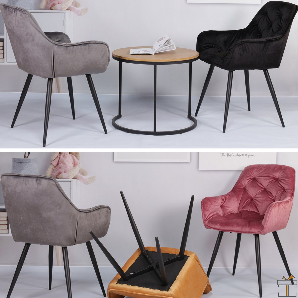 Happyment Eetkamerstoelen Fluweel - Zwart - Woonkamerstoelen - Fauteuil - Keukenstoelen - Kuipstoel - Set van 2