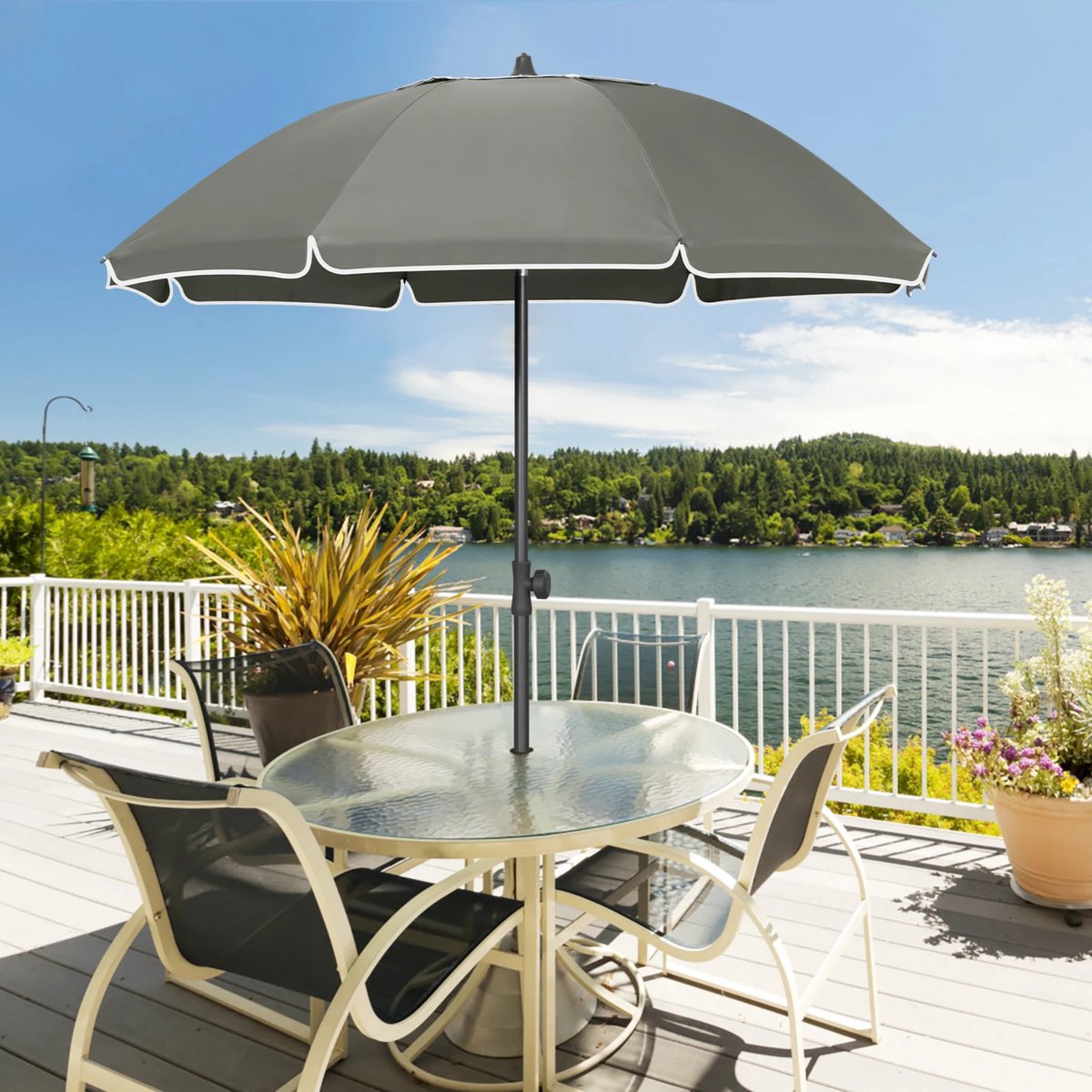 Ronde Parasol - Voor Balkon, Strand of Tuin - Verstelbaar & 45° Kantelbaar - UV-Resistent & Waterdicht - Gray Diameter 175cm