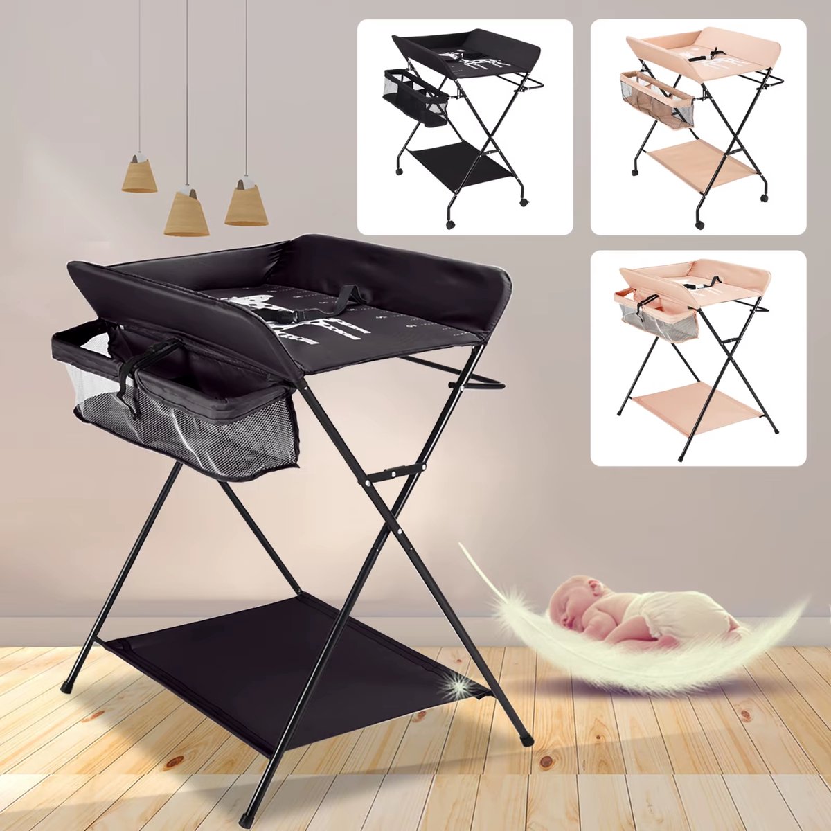 Babyverschoontafel – Verzorgingstafel - Opvouwbaar voor kinderkamer – Stabiel en veilig met opbergruimte – Max. draagvermogen 15 kg – Khaki - Met wielen