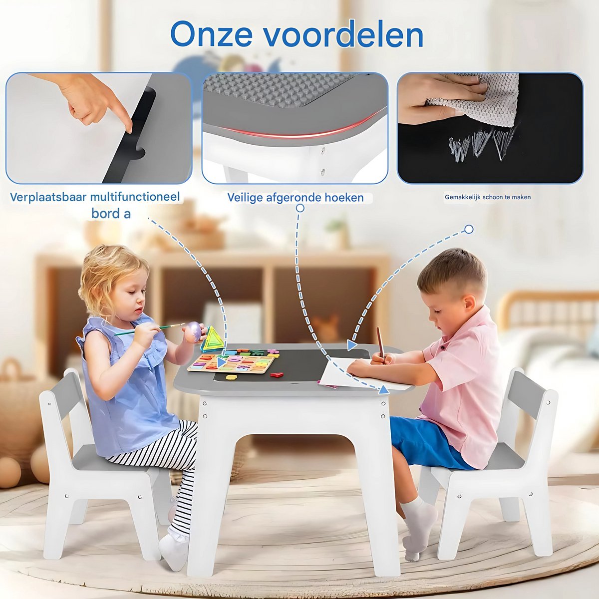 Kindertafel - Speeltafel- Voor Kinderen & Kleuterschool - Kindertafel en stoeltjes - 3-in-1 Speeltafel - Met met Tekenbord, Opbergruimte & 2 Stoelen - Grijs