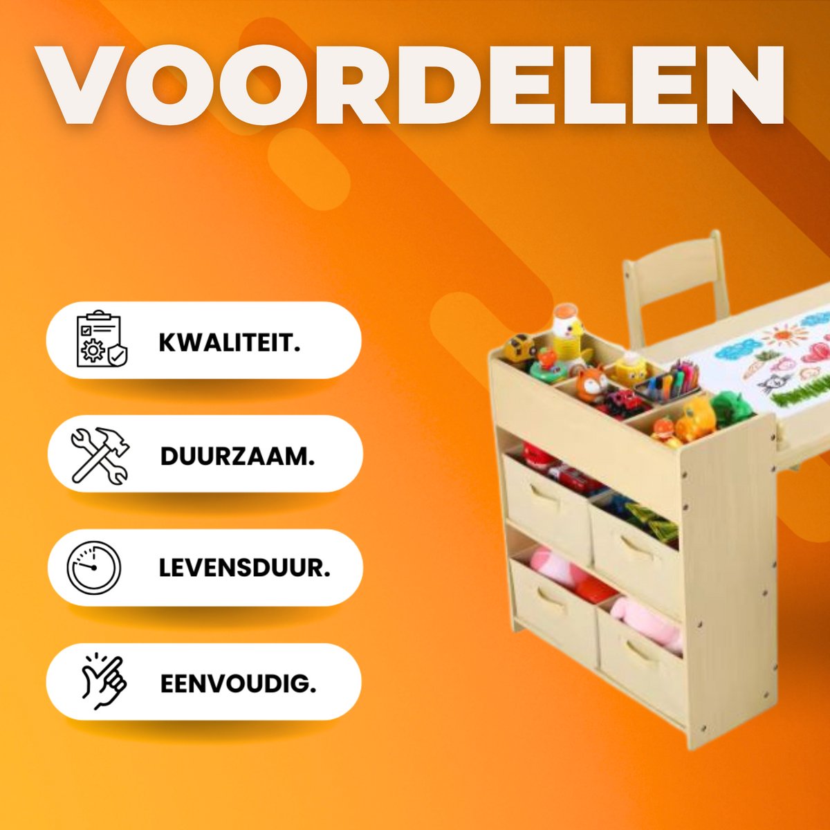 Kunsttafel en Stoelenset voor Kinderen - Houten Knutseltafel met 2 Stoelen, Opbergplanken, Canvas Bakken en Papierrol - Speeltafel voor Kinderkamer - Houtlook