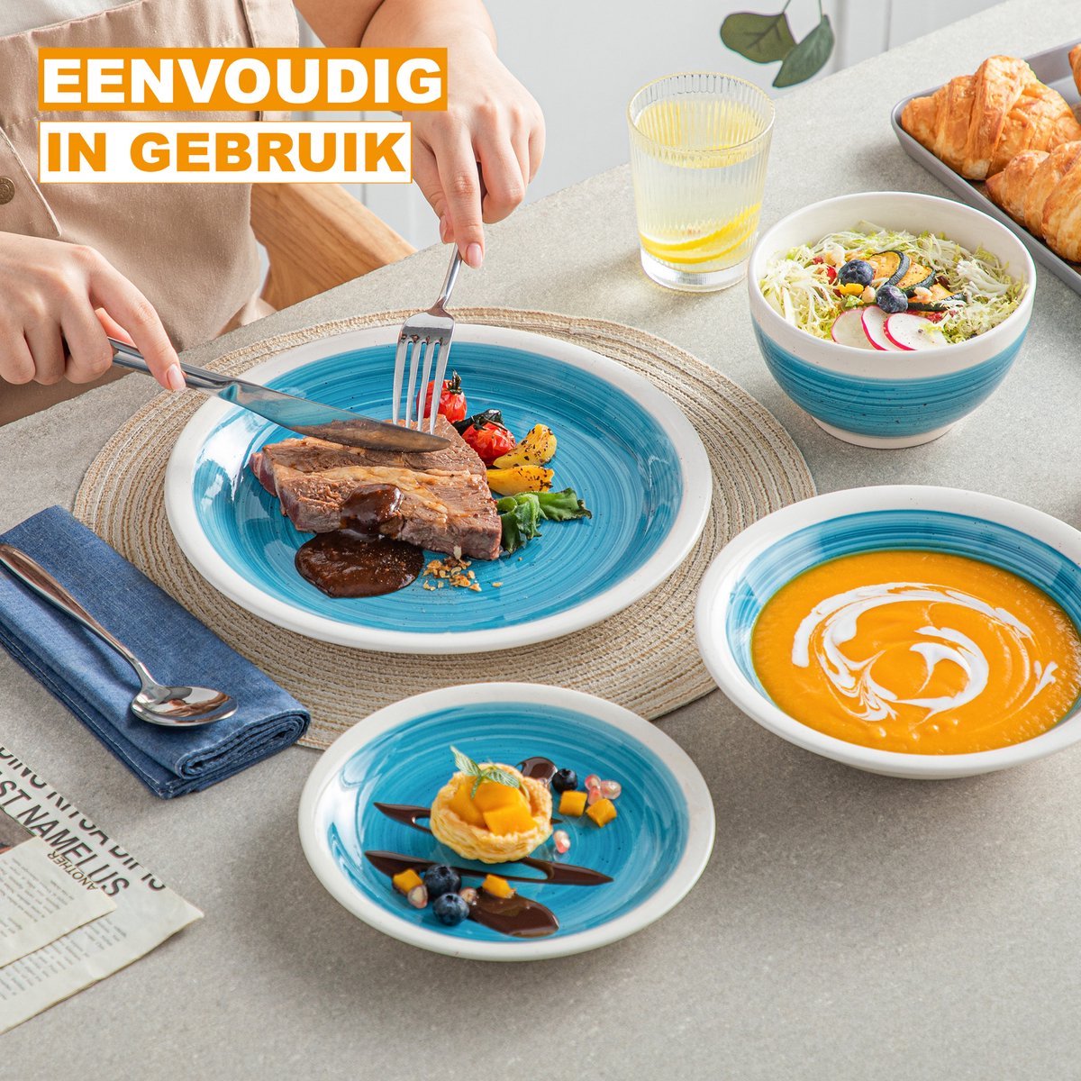 Lorentino Serviesset Riviera - 32 delig - 8 persoons - Blauw/Witte rand - Dinerborden - Bordenset - Diepe borden - Ontbijtborden - Servies - Keukenservies