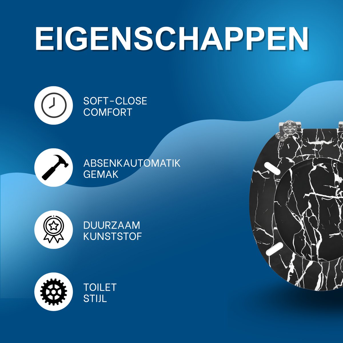 WC-bril - Toiletbril – Voor Toilet & Badkamer – Soft-Close - Duurzaam Kunststof - Zwart marmer motief