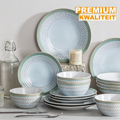 Amaranta Serviesset - 16 delig - 4 persoons - Wit/Groene rand - Dinerborden - Bordenset - Diepe borden - Ontbijtborden - Servies - Keukenservies
