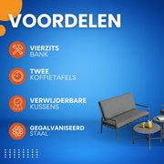 4-zits buiten Bankstel - Tuinmeubelset - Tuinbank - Voor Tuin of Terras - Met 2 Koffietafels & Verwijderbare Kussens - Gegalvaniseerd Staal - Grijs