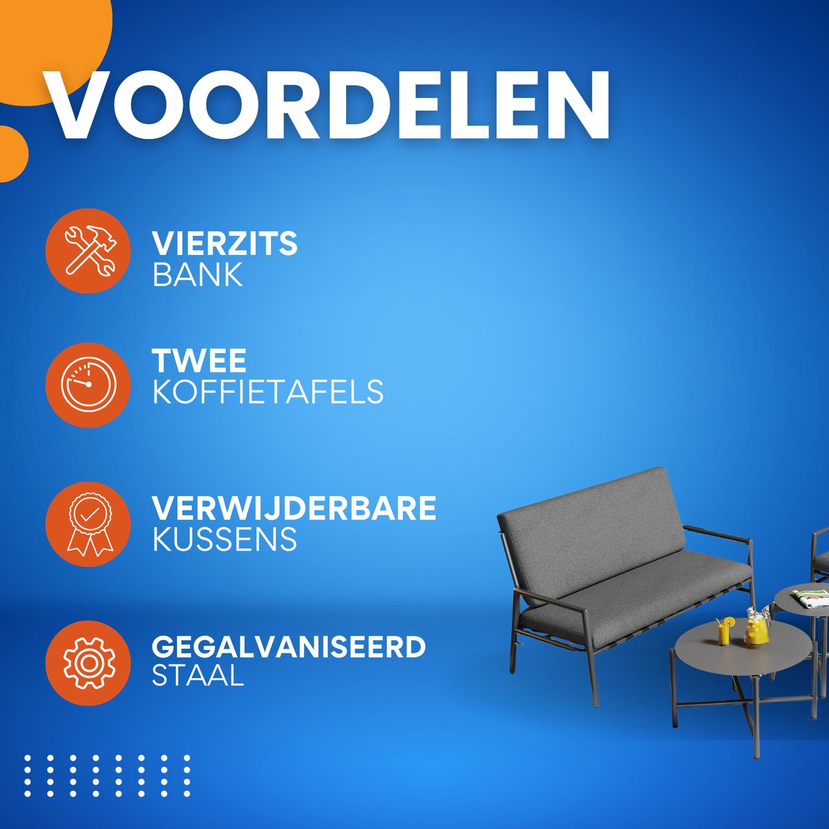 4-zits buiten Bankstel - Tuinmeubelset - Tuinbank - Voor Tuin of Terras - Met 2 Koffietafels & Verwijderbare Kussens - Gegalvaniseerd Staal - Grijs