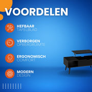 Salontafel Dulvia- Zwart - Tafel voor woonkamer - Met opbergruimte en hefplank - Laptoptafel