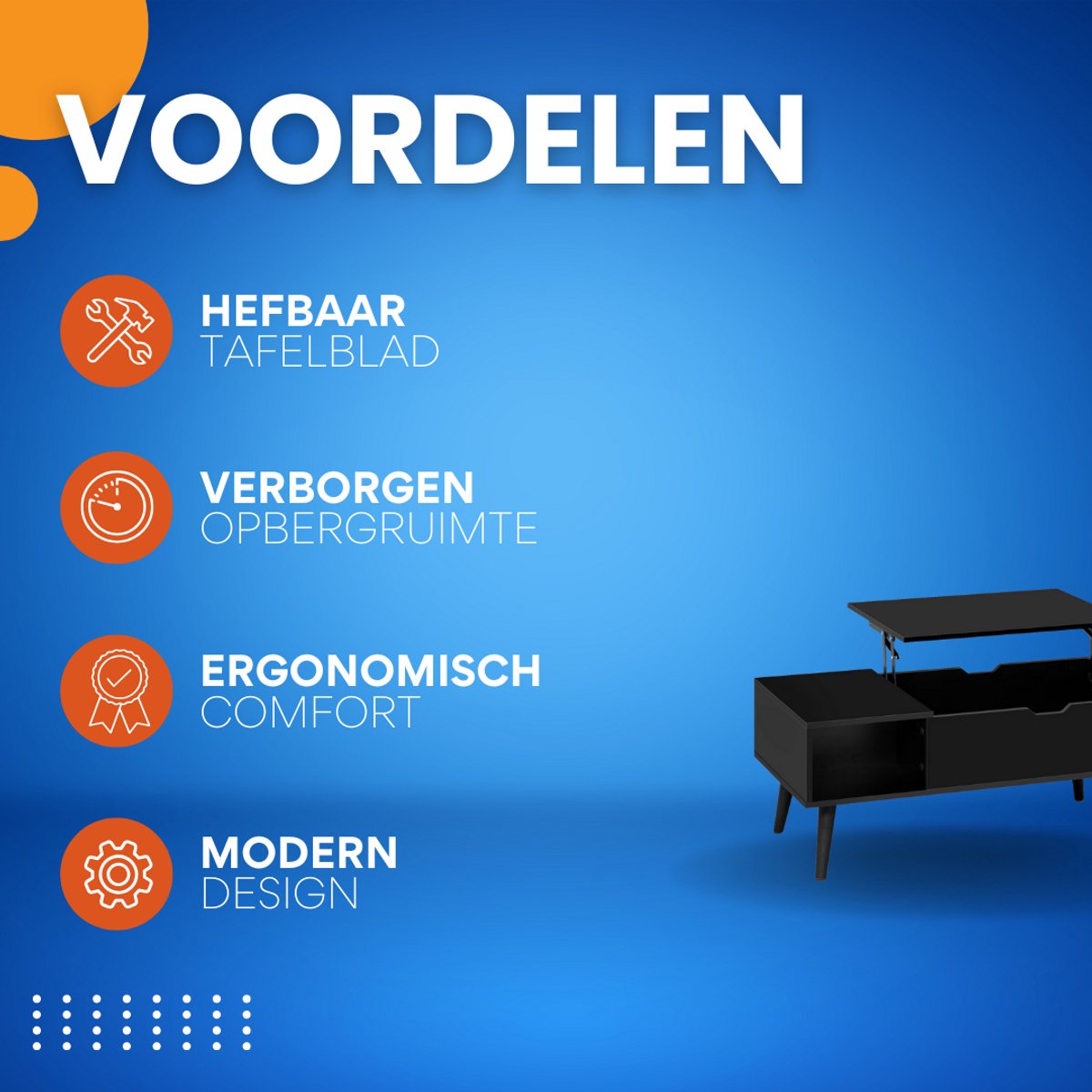 Salontafel Dulvia- Zwart - Tafel voor woonkamer - Met opbergruimte en hefplank - Laptoptafel