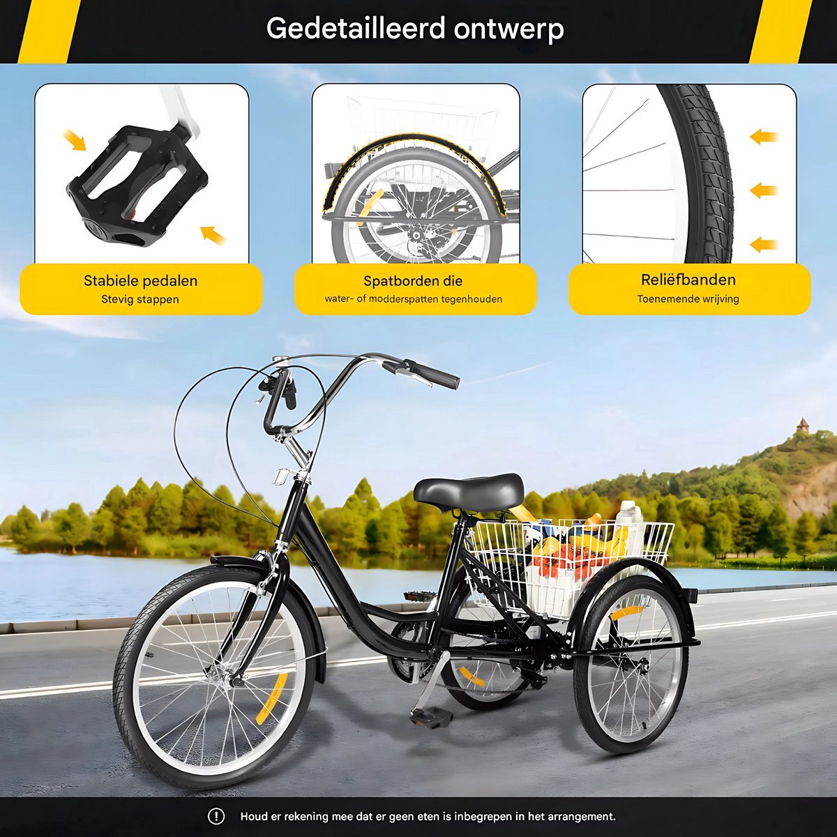 Driewieler Lissabon Tavien - 8 versnellingen - Fiets voor volwassenen en senioren - 20 Inch - Opvouwbare Trike - Met mand - Voorrem - Zwart
