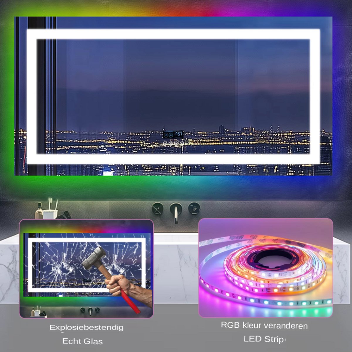 Grandiose Badkamerspiegel - Geen condens - Met verwarming en LED verlichting - Bluetooth en muziek - Spiegel voor badkamer - Rechthoekig - 120x60cm