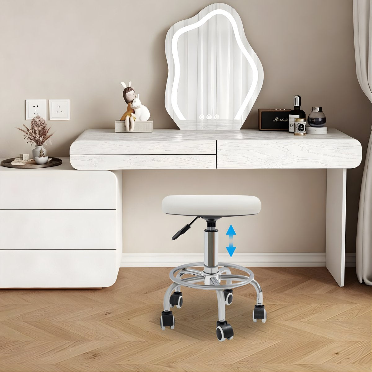 Draaikruk - Werkkruk - Kapperskruk - Tabouret - Voor Schoonheidssalons, Bars & Thuis - Met wieltjes - 150 kg Draagvermogen - Wit