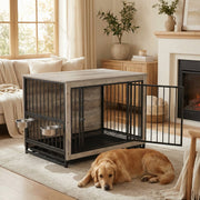 Houten Hondenbenche - Hondenren - Hondenkrat Bijzettafel met Afneembare Kommen en Dienblad - Dubbele Deuren Hondenkennel voor Middelgrote Honden Binnen - 100 x 68 x 64 cm - Grijs