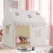 Kindertent - Speeltent - Voor Jongens & Meisjes (1-8 Jaar) - Speelhuis met Mat, Verlichting & Vlagbanner - Voor binnen - Inclusief Ramen - Beige