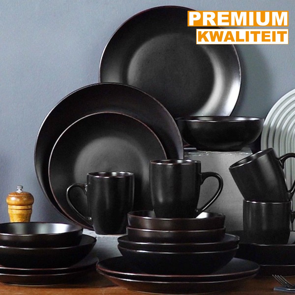 Ornate Serviesset – 12 persoons – 48 delig - Zwart Keramisch – Serviesset – Kleine Borden