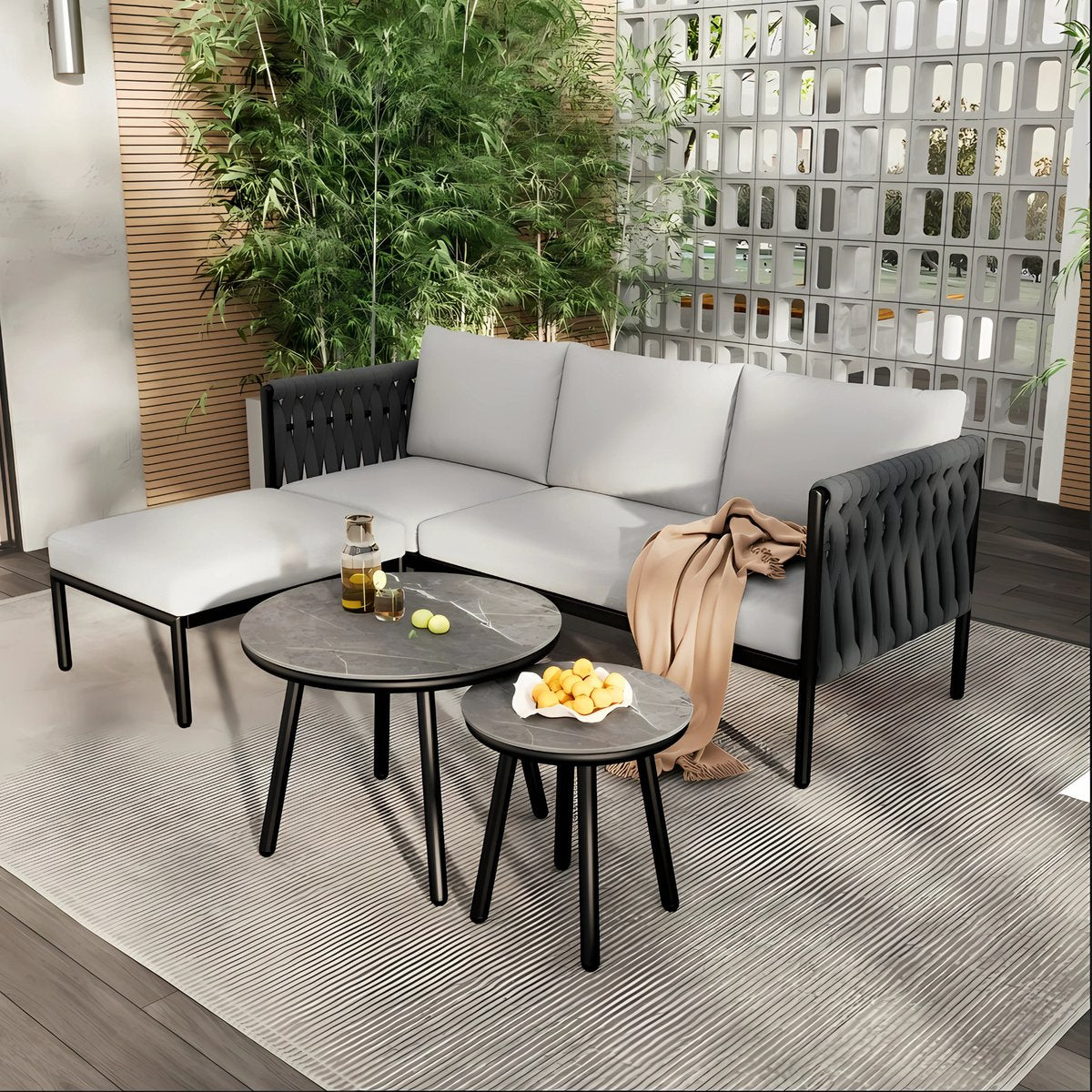 Tuinmeubelset - Loungeset - Tuinlounge Lounge Set - Voor Tuin, Zwembad of Terras - Sofa, 2 Salontafels & Voetkruk - Dik Touw & Marmeren Tafel