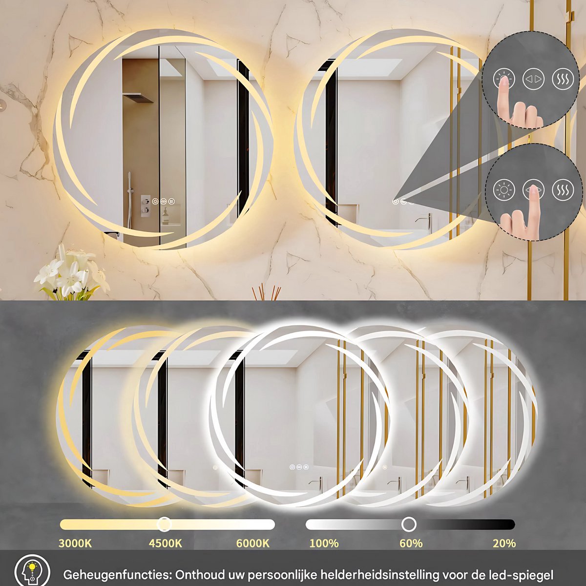 Ronde Badkamerspiegel Nero Fioren - Met verlichting - 60cm - Voor Badkamer, Make-up & Wandmontage - Dimbaar licht