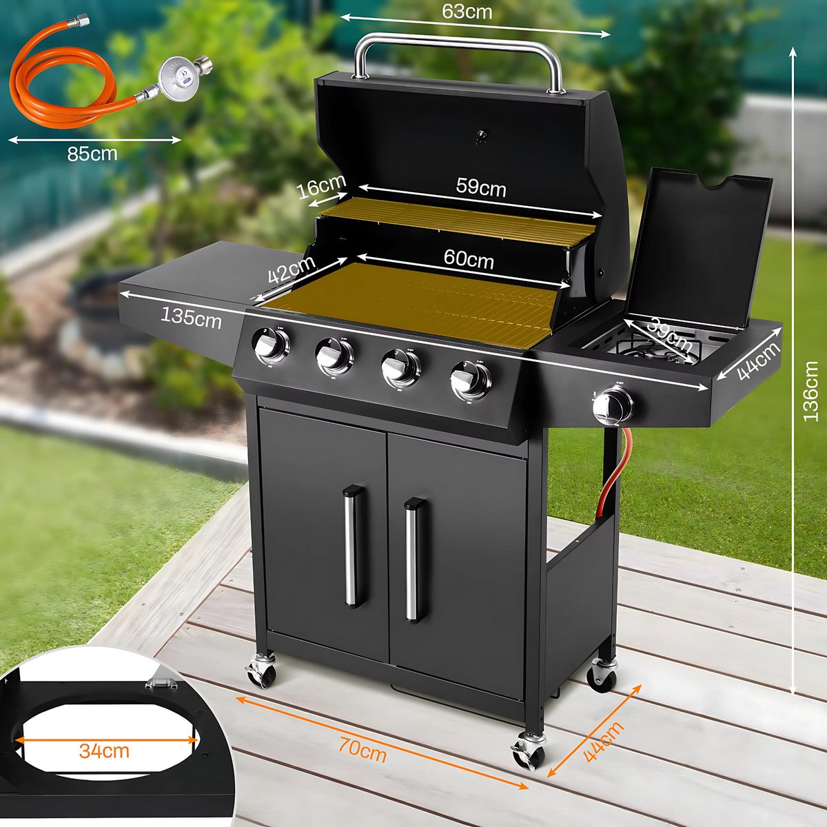 BBQ 5 in 1 - Barbecue op gas - Zwart - Thermostaat - Olievanger accessoires - Gasgrill met zijbrander