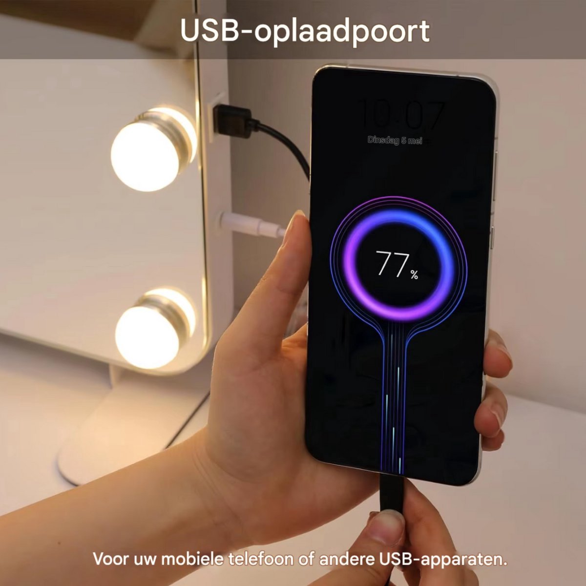 Verlichte Make-upspiegel Valora - Hollywood spiegel - 14 Dimbare LED-lampen - Make-up Spiegel voor Kleedkamer en Slaapkamer - Met USB