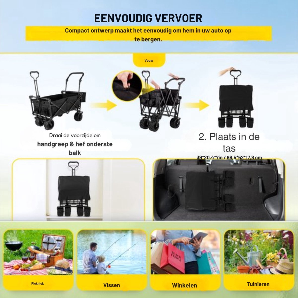 Opvouwbare bolderkar - Kinderenvervoer - Zwart - 220L - 150KG
