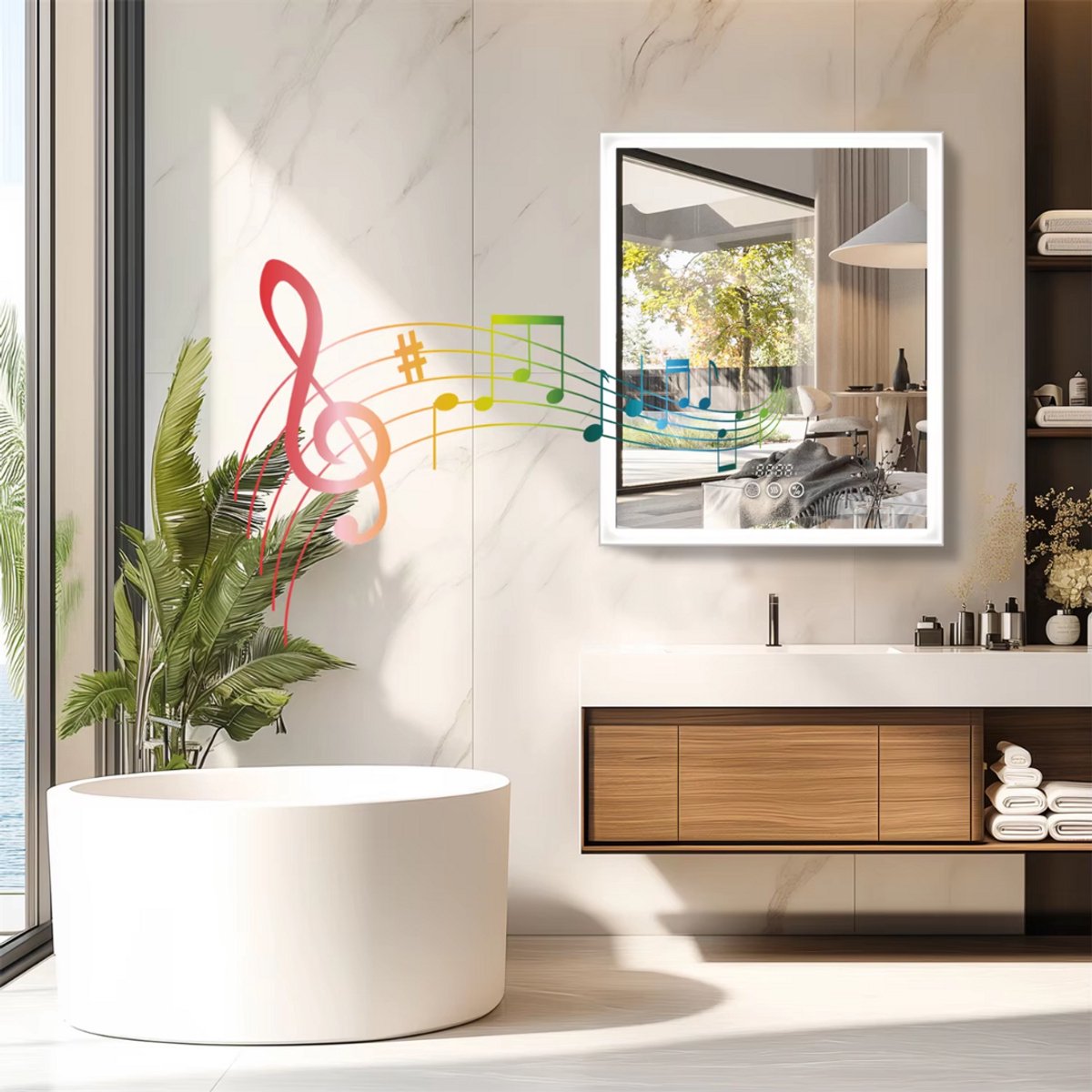 Muziek Badkamerspiegel Rond - Met bluetooth en RGB verlichting - 60x70cm - Voor Badkamer, Make-up & Wandmontage - Dimbaar licht