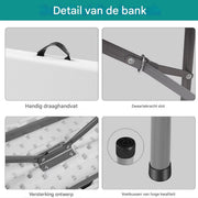Klaptafel - Kampeertafel - 2 Banken set - Vouwtafel - Opvouwbare Tuinmeubelset voor Buiten, Kamperen & Picknick - Picknicktafel met Bankjes - 180 cm - Wit