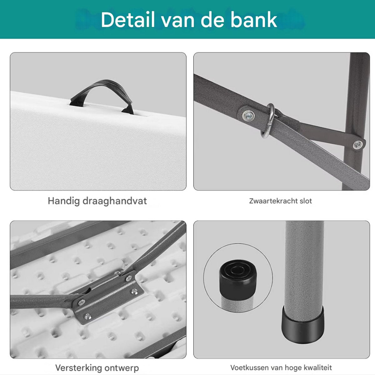 Klaptafel - Kampeertafel - 2 Banken set - Vouwtafel - Opvouwbare Tuinmeubelset voor Buiten, Kamperen & Picknick - Picknicktafel met Bankjes - 180 cm - Wit