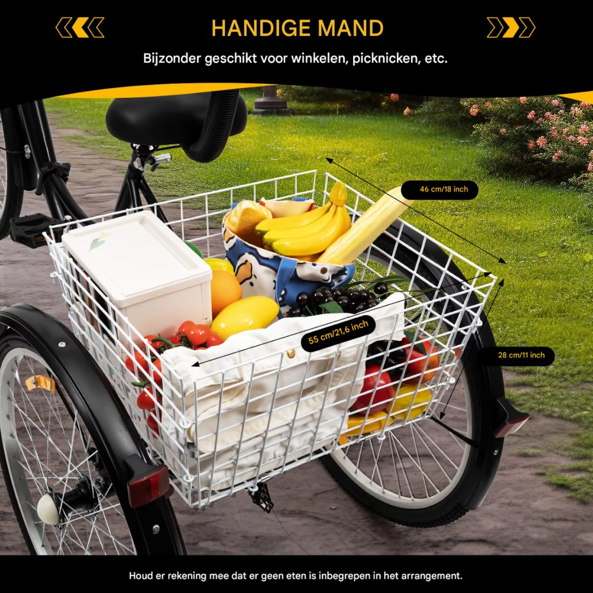 Driewieler Nevlo - 7 versnellingen - Fiets voor volwassenen en senioren - 24 Inch - Opvouwbare - Verstelbaar - Met mand - Voorrem - Zwart - 120KG