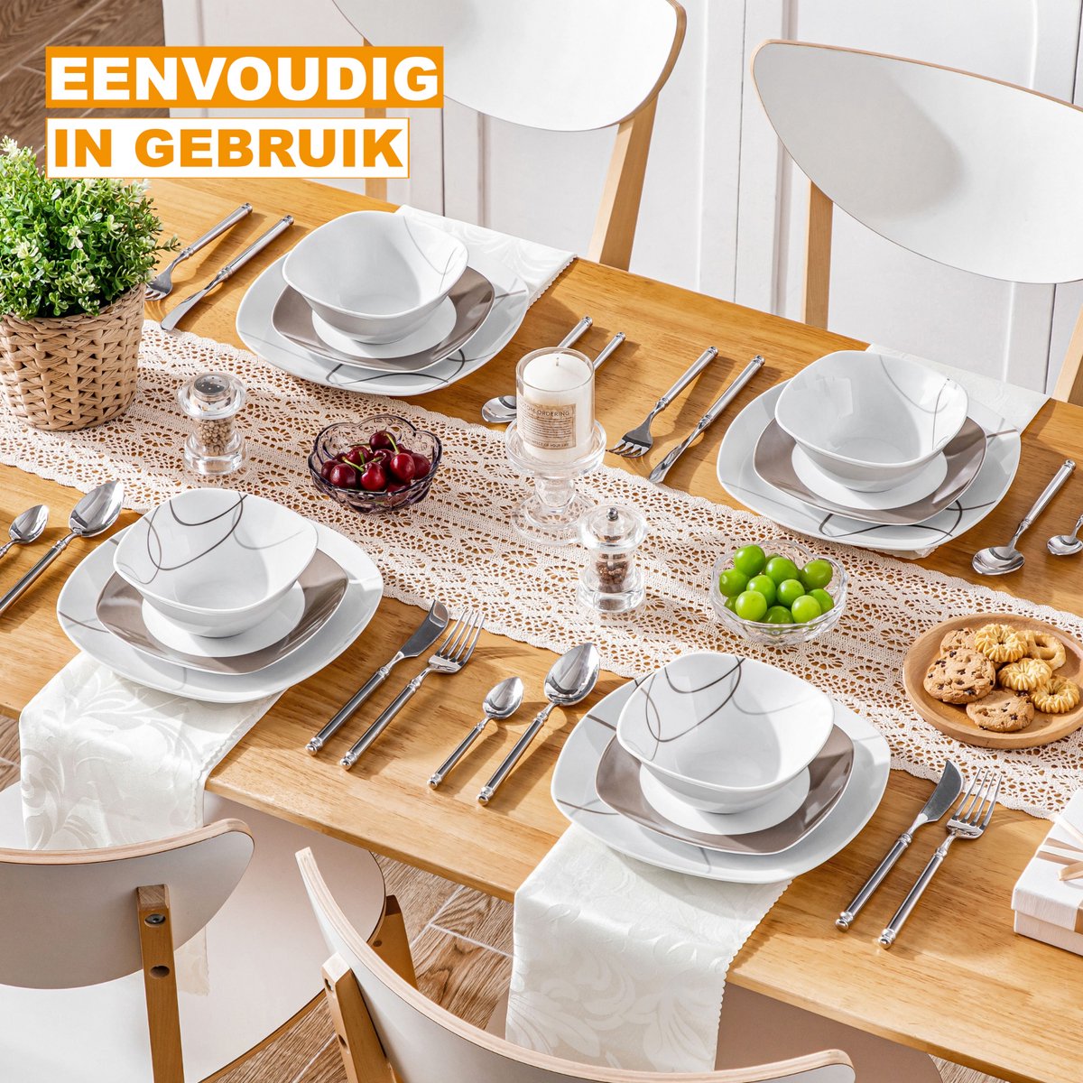 Tida Serviesset - 24 delig - 8 persoons - Wit - Dinerborden - Bordenset - Diepe borden - Ontbijtborden - Servies - Keukenservies