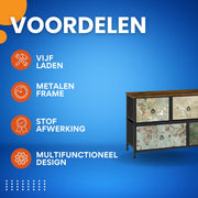 Ladekast met 5 Laden -Dressior - Kast - Voor Woonkamer, Slaapkamer, Keuken of Hal - TV-Kast & Dressoir - Met Stof en Metalen Frame van