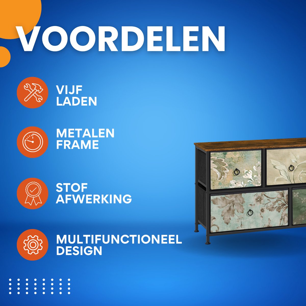 Ladekast met 5 Laden -Dressior - Kast - Voor Woonkamer, Slaapkamer, Keuken of Hal - TV-Kast & Dressoir - Met Stof en Metalen Frame van