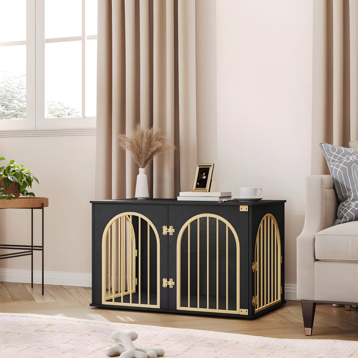 Hondenbench - Hondenkrat - Hondenkennel - Hondenhok - Voor Thuis & Binnengebruik - 3-Deurs - Zwart/Goud - 100cm