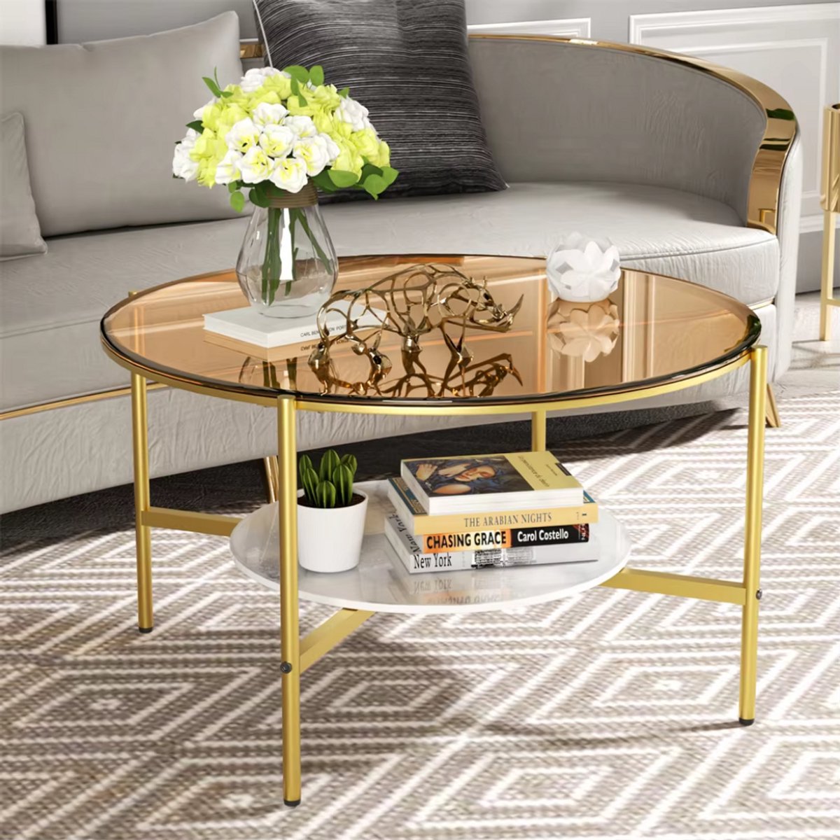 Salontafel Mira - 2-Lagen Glazen Design - Goud - Glanzend Tafelblad & Leistenen Onderplank - Moderne Luxe Thee- & Bijzettafel voor Woonkamer