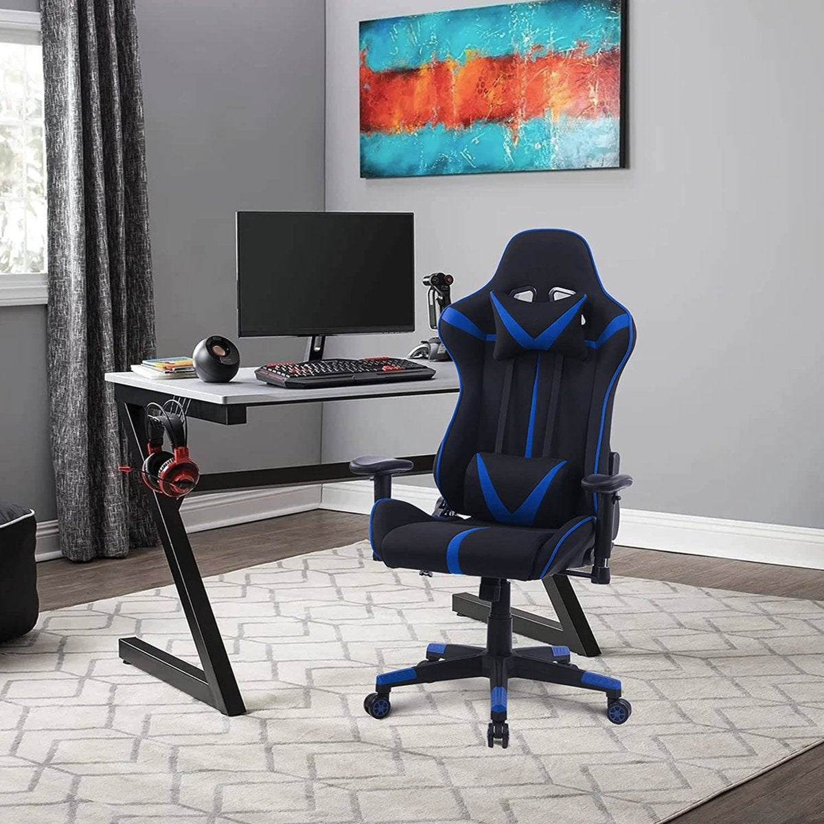 Happyment Gamestoel Sheffield - Kunstleer - Met rugleuning en armleuning - In hoogte verstelbaar - Ergonomisch - Blauw/zwart