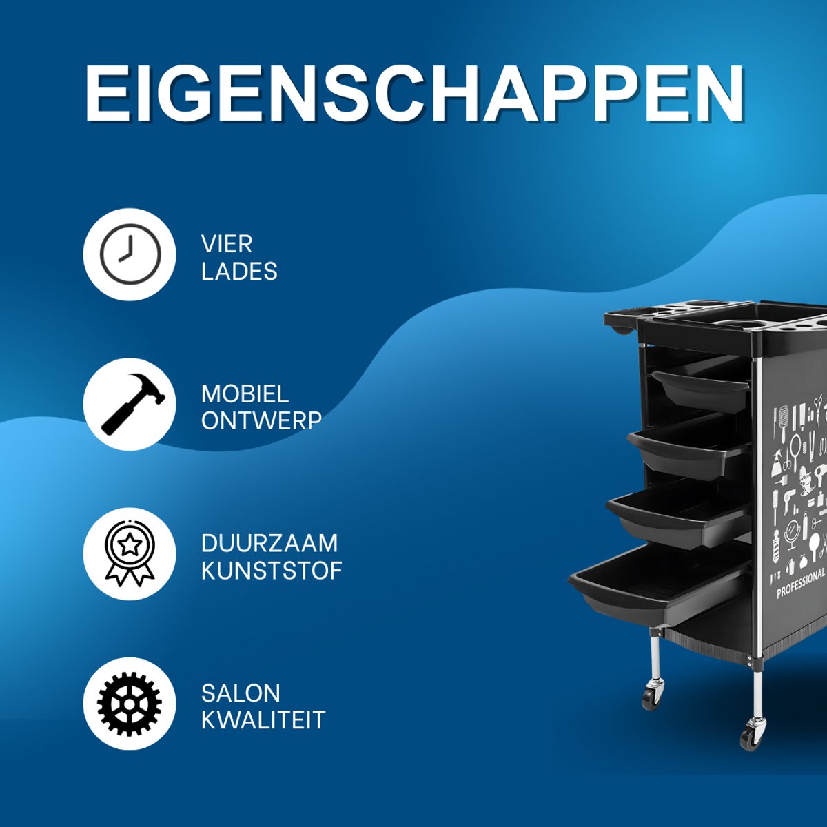 Kappers trolley Lucia - Met wielen - Zwart - Voor salons, spa’s en stylisten - Werkwagen