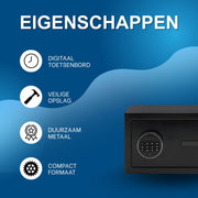 Kluis - Voor contant geld en waardevolle spullen - Beveiligd met digitaal toetsenbord - Zwart