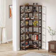 Hoekkast Zakapone - Hoge vakkenkast 200cm - Boekenrek Hoekmeubel - Opbergrek 7 planken - Bruin