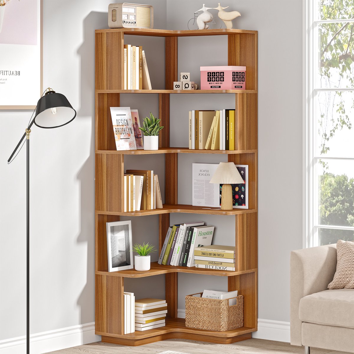 Hoekkast Dali - 6 lagen - Boekenrek - Boekenkast voor woonkamer of slaapkamer - Opbergrek - Hout - 165cm