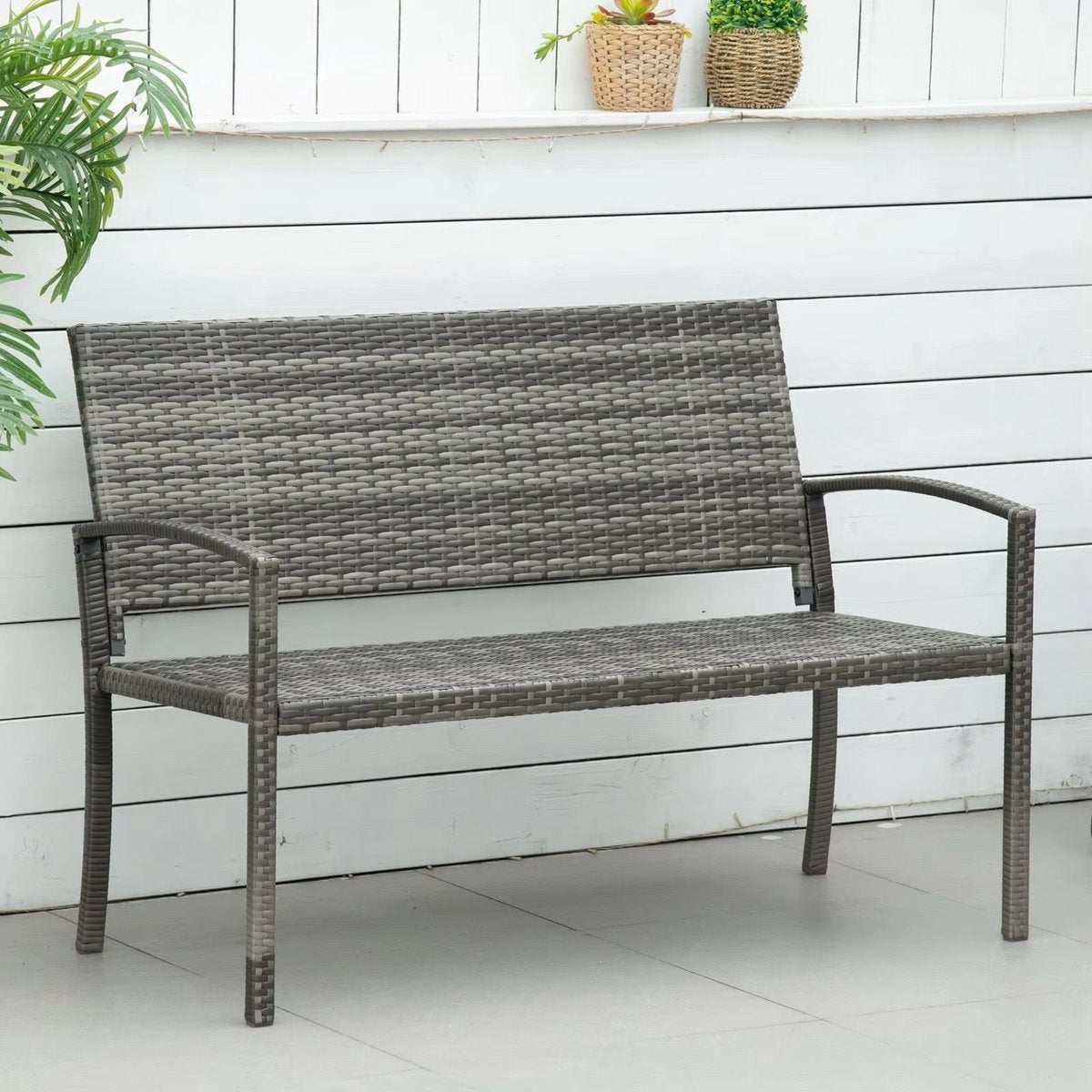 Tuin bank Valora - Twee zits bankje - Voor Buiten & Veranda - All-Weather PU-Rieten Design met Stalen Frame - Lichtgewicht en Eenvoudige Montage - Tuinmeubilair - Grijs
