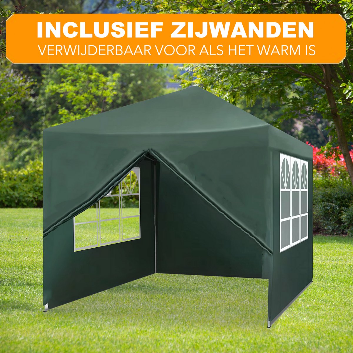 Happyment Partytent met zijwanden - Groen - Opvouwbaar - Easy up - Paviljoen - Waterdicht weerbestendig - 3x3 m