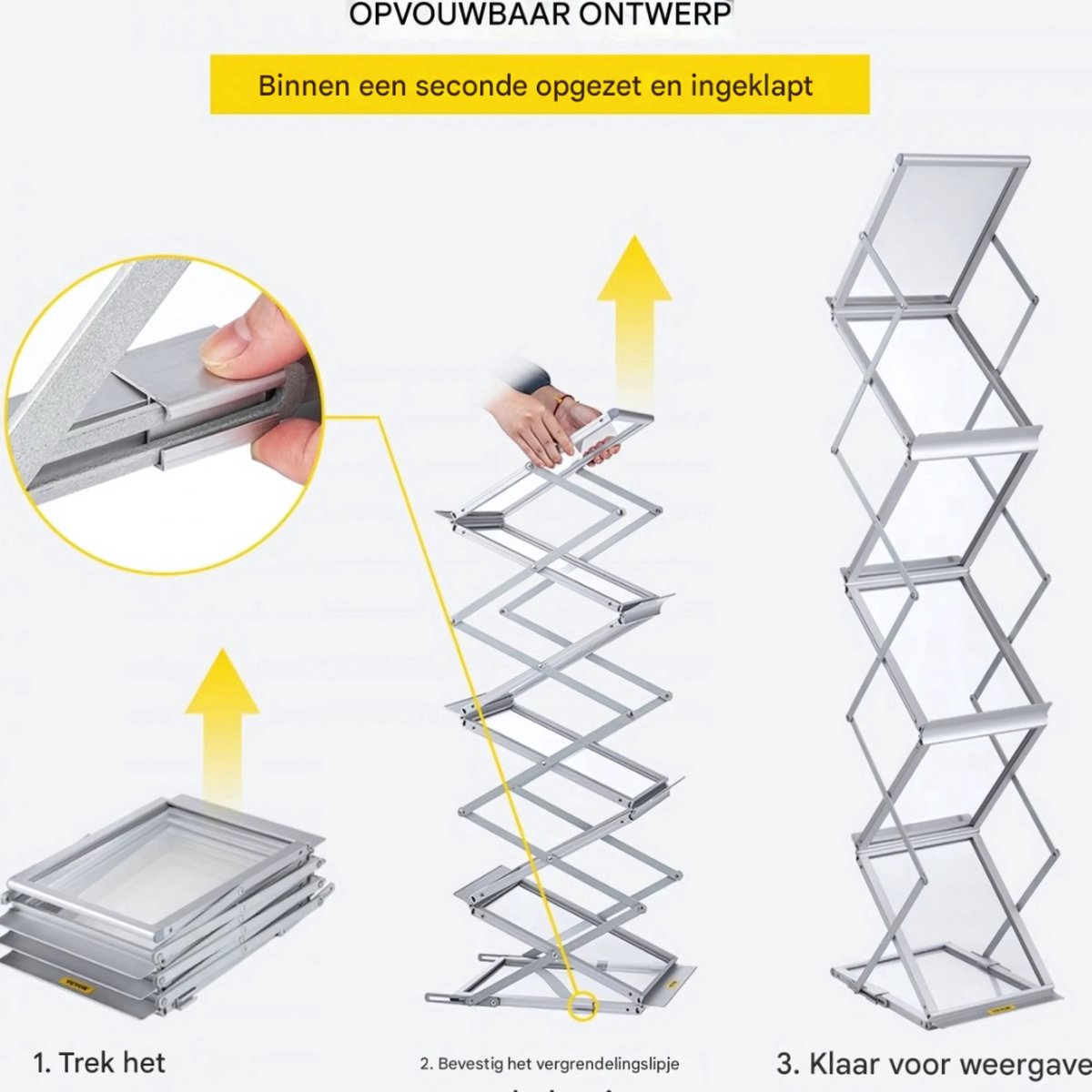 Opvouwbare Tijdschriftenrek - Zilver Aluminium - Tijdschriftenhouder - Lectuurbak - 26x36x152cm - 6 Vakken - Met Draagtas - Dubbelzijdig