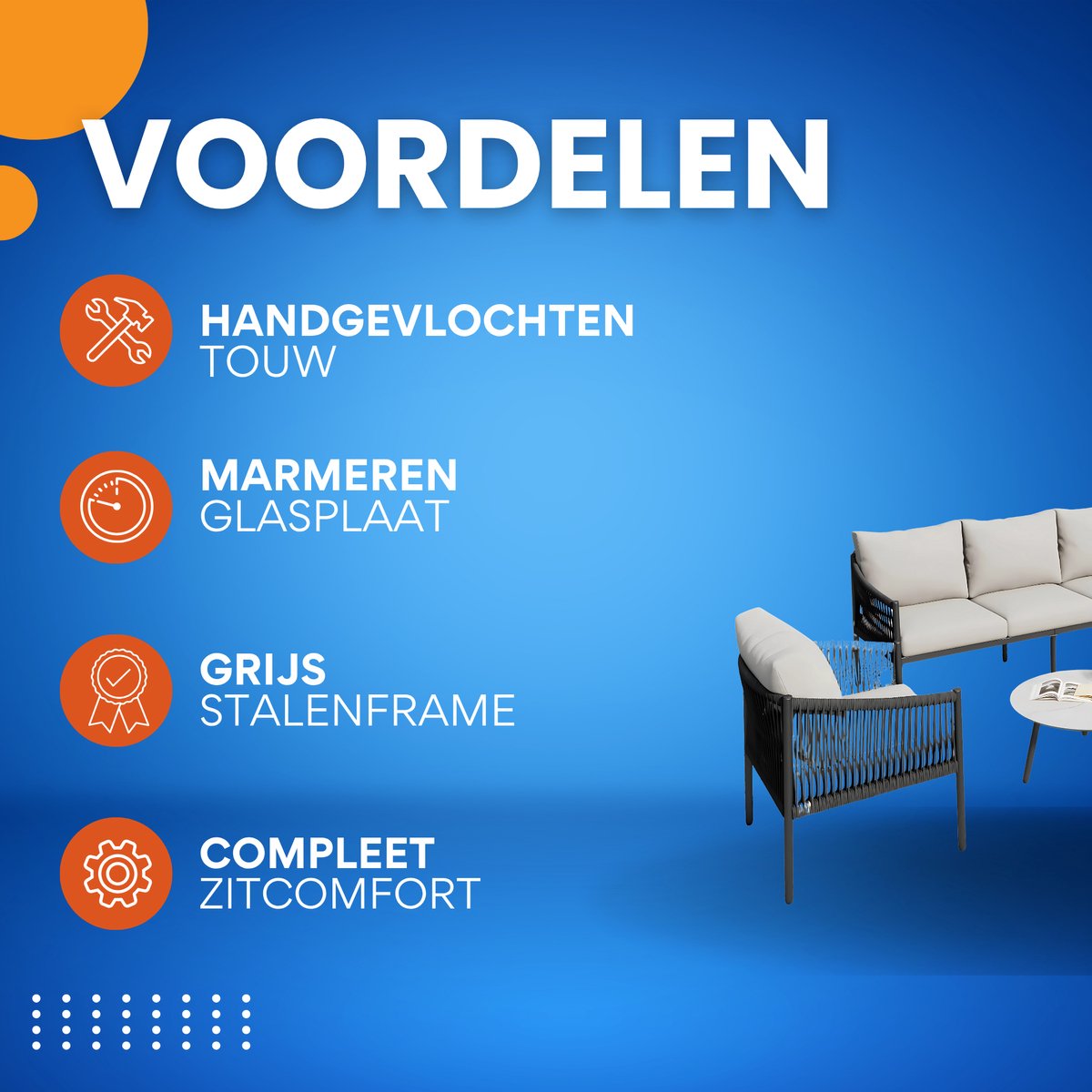 Tuinmeubelset - Loungeset - Tuinlounge Lounge Set - 3-zits Sofa met Fauteuils & Banktafels - Handgevlochten Touw & Marmeren Glasplaat - Grijs Stalen Frame
